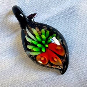 Handcrafted Lampwork Glass Pendant. Teardrop. Freeform. Green and Red Flower.